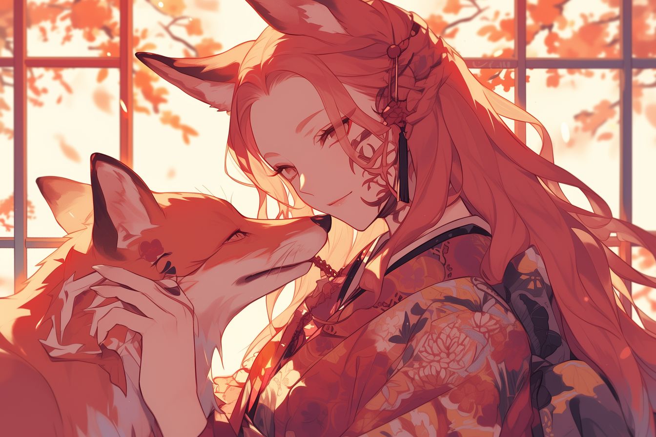 Captivating 'Harmony in Red' artwork depicting a serene bond between a woman and a fox, highlighted by golden autumn hues.