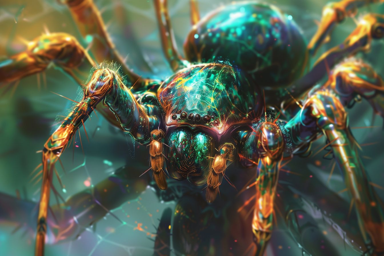 Captivating 'Emerald Enigma' artwork depicting a spider adorned with intricate details and shimmering light reflections.