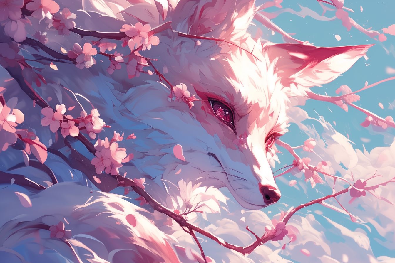 Serene 'Spring's Whisper' artwork depicting a fox among blooming cherry blossoms with soft pastel hues and gentle light.