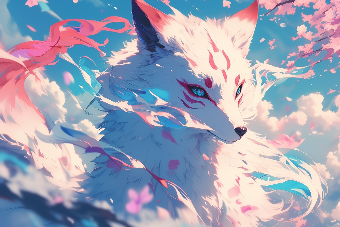 Whimsical 'Celestial Whimsy' artwork depicting a celestial fox surrounded by cherry blossoms, capturing the essence of fantasy and beauty.