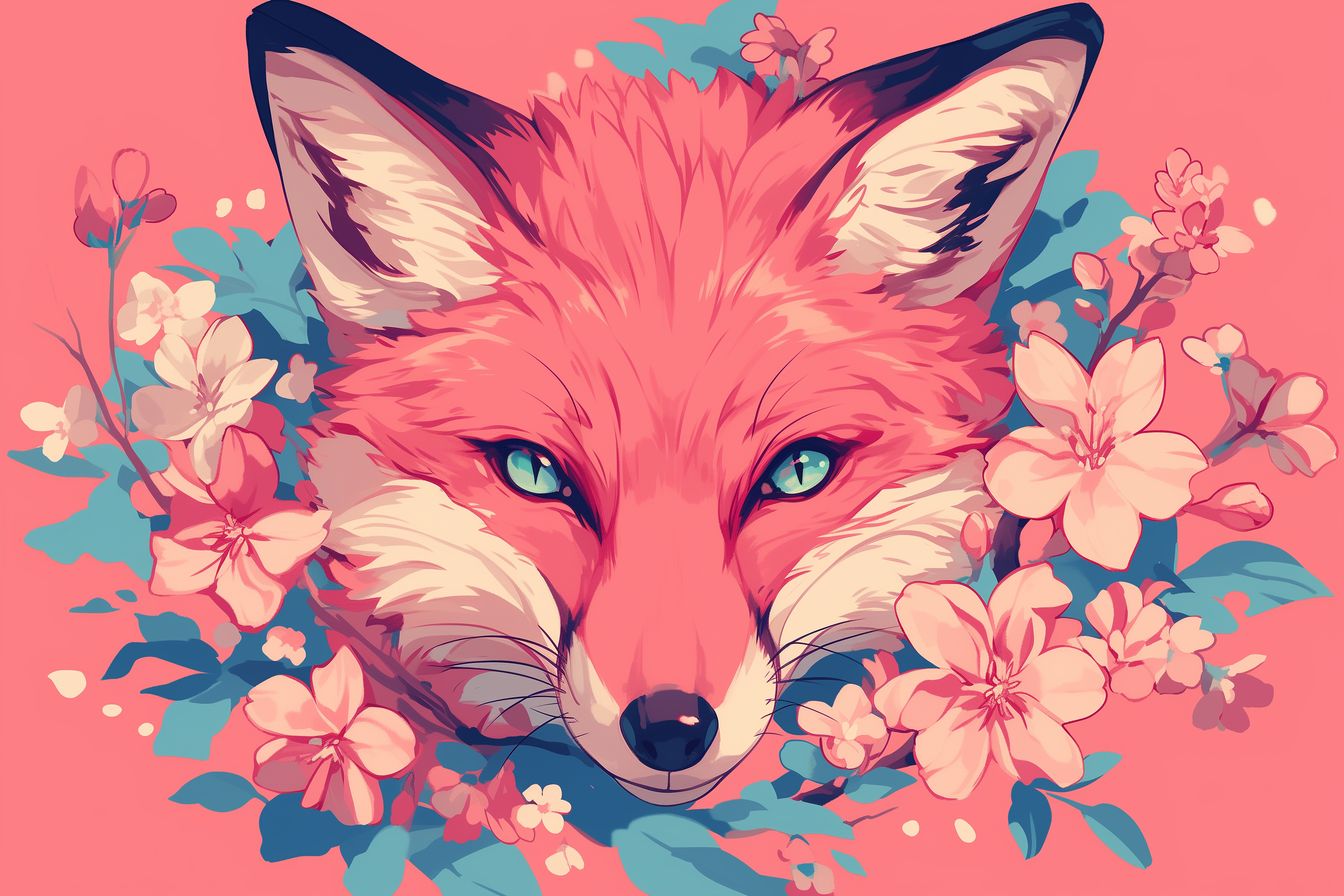 Peaceful 'Blossoming Gaze' artwork depicting a fox with striking blue eyes amidst blossoms, capturing the essence of natural beauty.