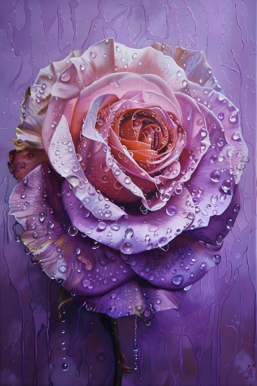 Close-up of a dew-covered rose with a gradient of pink and purple petals, set against a serene lavender background.