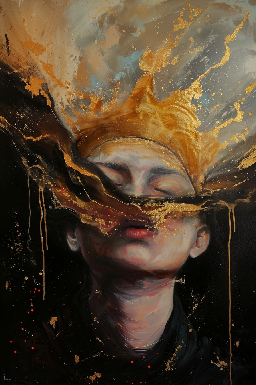 Ethereal and dreamlike artwork titled "Golden Reverie," depicting a figure in contemplation with radiant golden splashes.