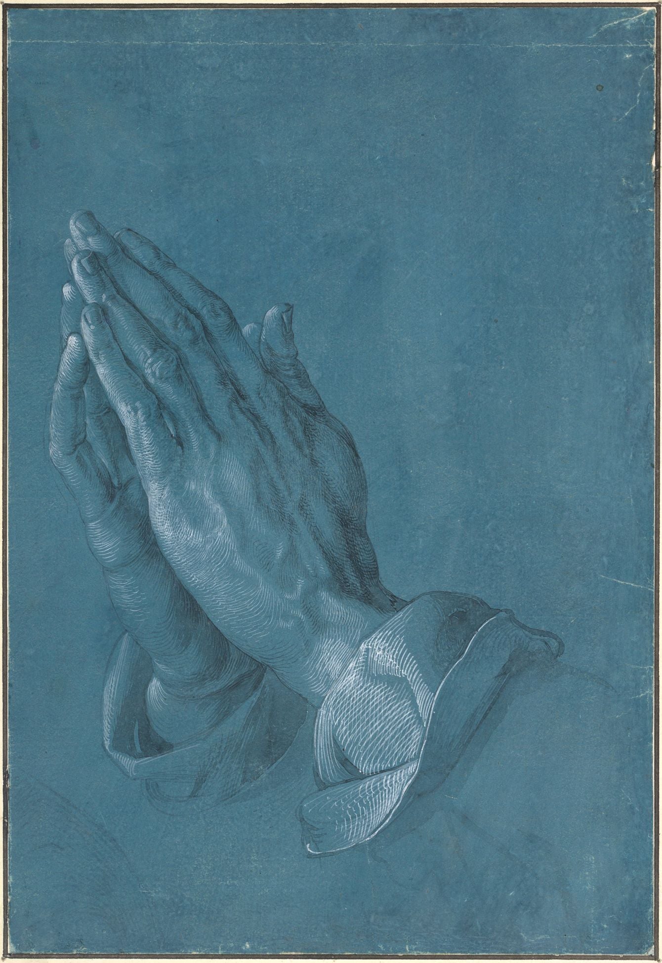 Praying Hands by Albrecht Dürer, a detailed pen and ink drawing on blue paper depicting two hands clasped in prayer, created in 1508.