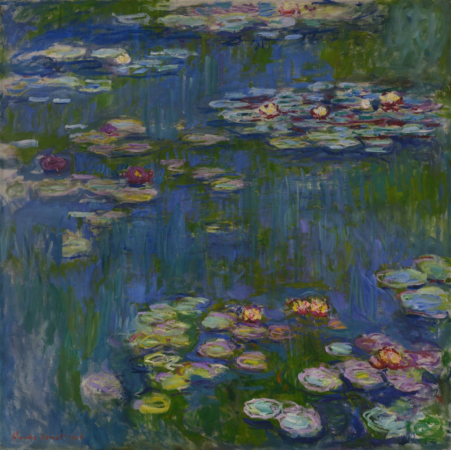 Water Lilies by Claude Monet, a painting depicting the serene surface of a pond covered with delicate water lilies and reflecting the changing light of the sky