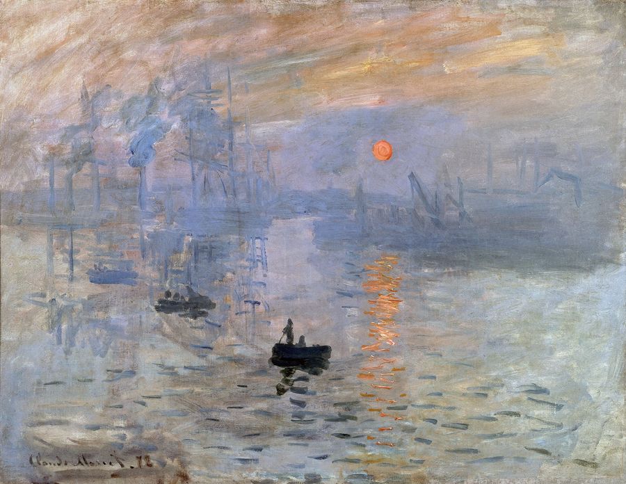 Impression, Sunrise by Claude Monet, a painting depicting the harbor of Le Havre at dawn with the sun rising above the misty water.