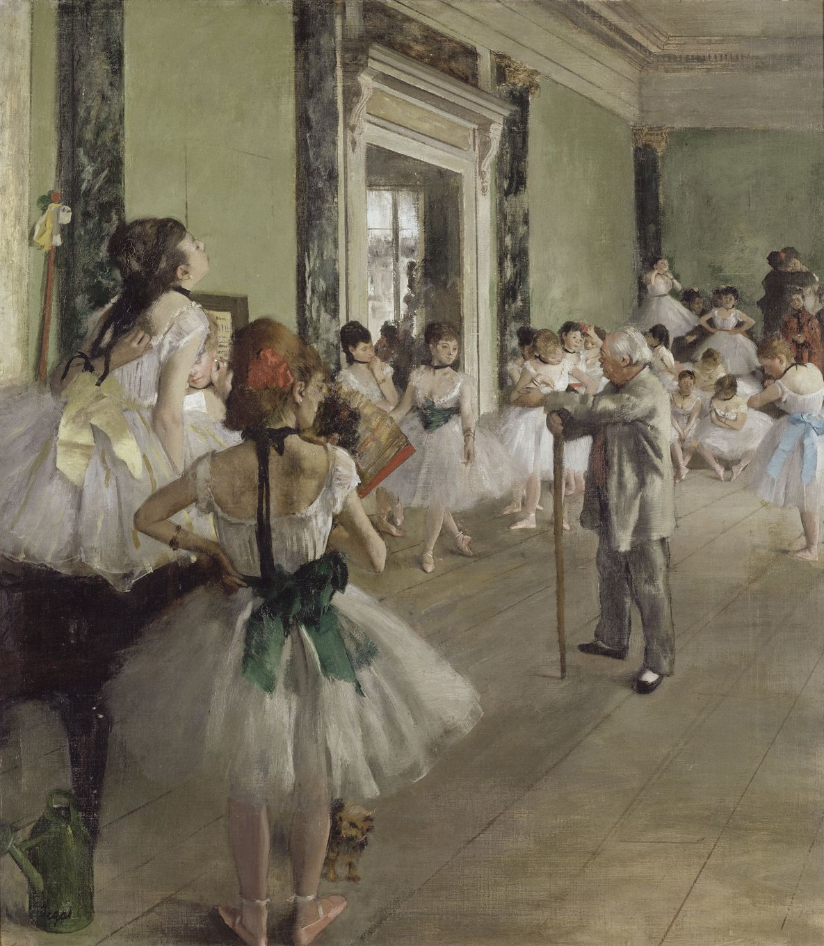 The Ballet Class by Edgar Degas, an 1874 painting depicting young ballerinas practicing under the guidance of their teacher in a dance studio