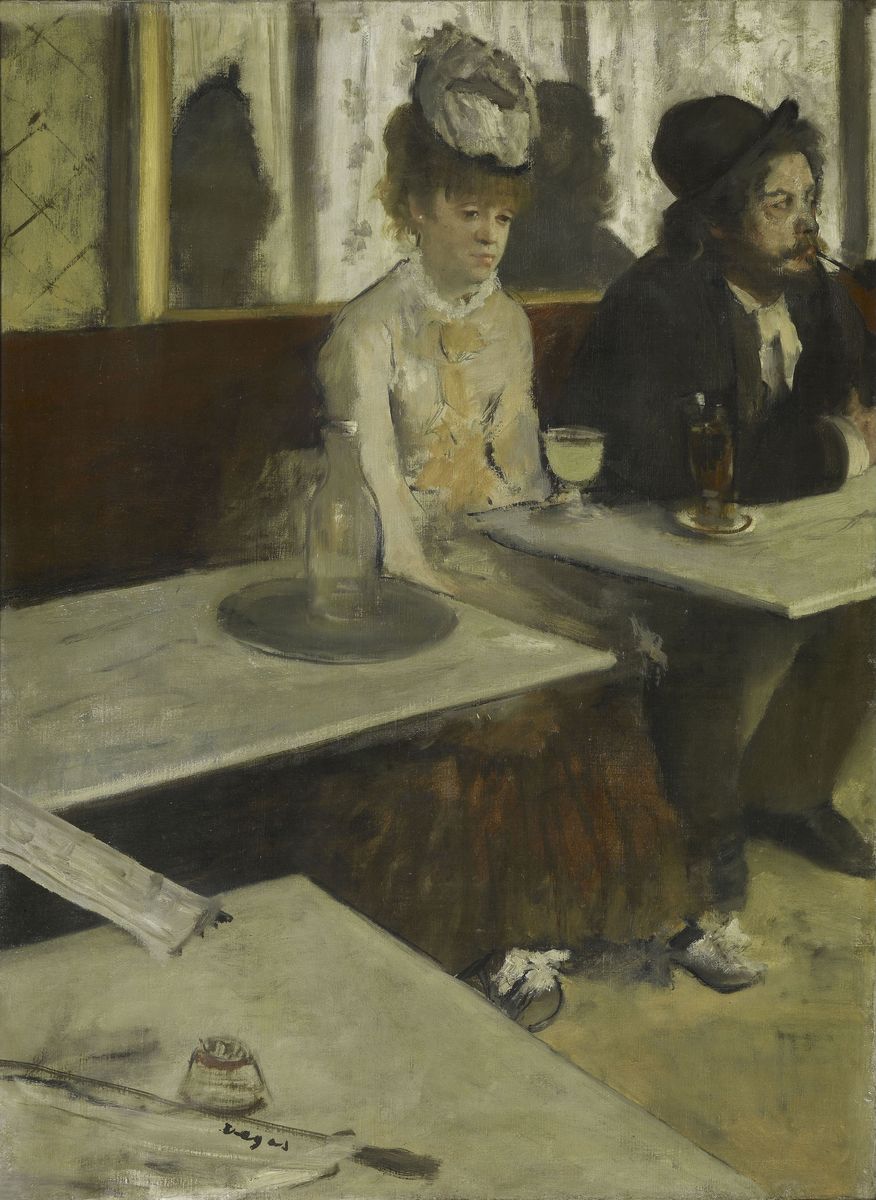 L'Absinthe by Edgar Degas, an 1875-1876 painting depicting a man and a woman seated in a café, both appearing lost in their thoughts and disconnected.