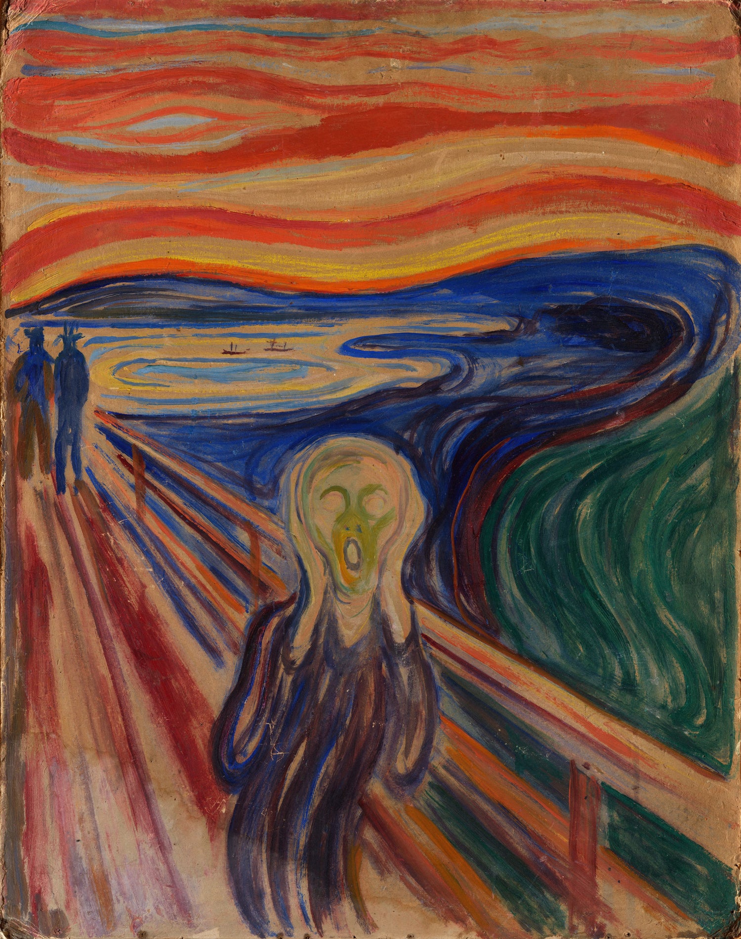 Edvard Munch’s The Scream, showcasing a powerful depiction of a figure in existential angst against a backdrop of intense colors and turbulent lines.