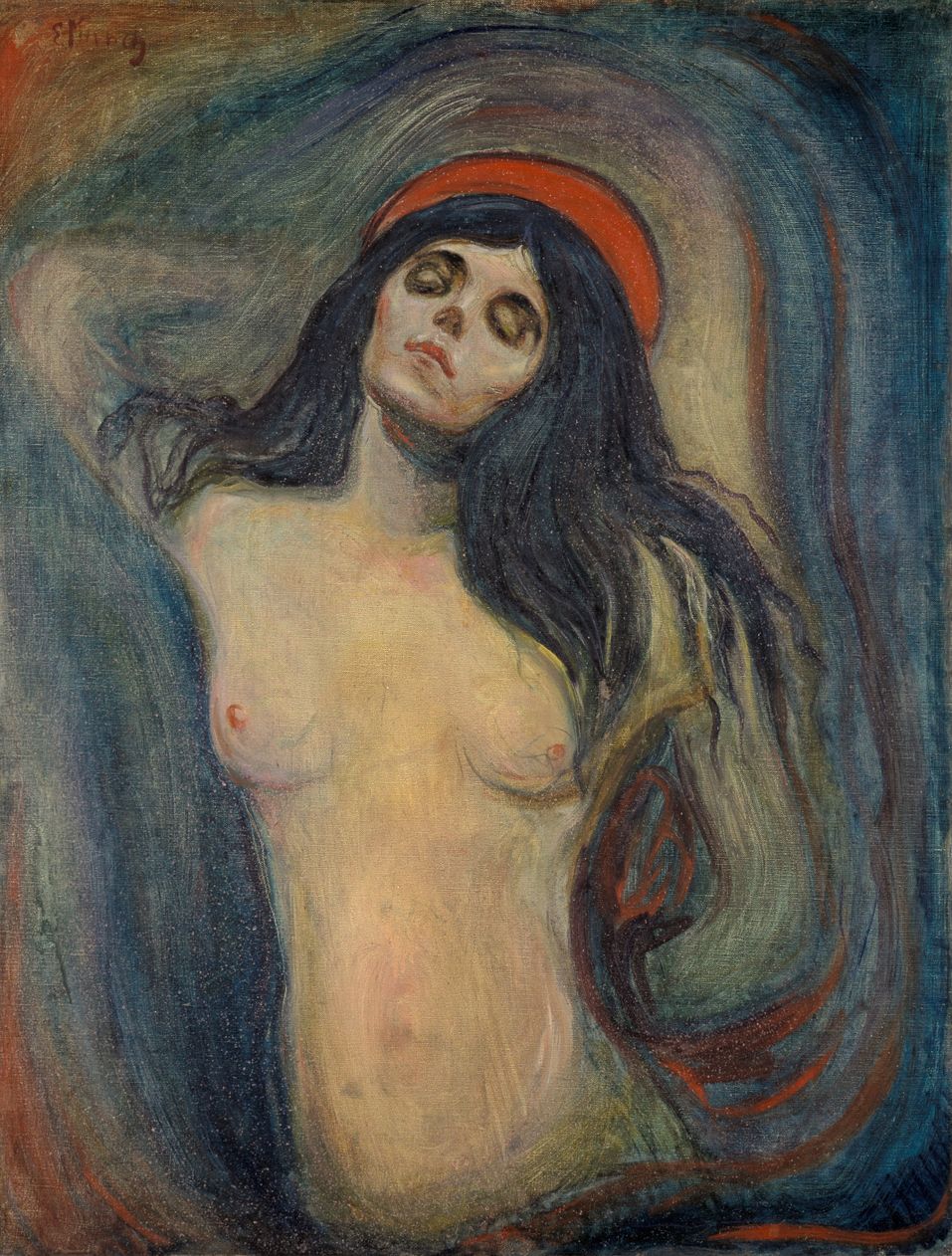 The Madonna by Edvard Munch, an 1894–1895 painting depicting a sensual, ethereal woman with a halo-like red circle behind her head in a dreamlike atmosphere.