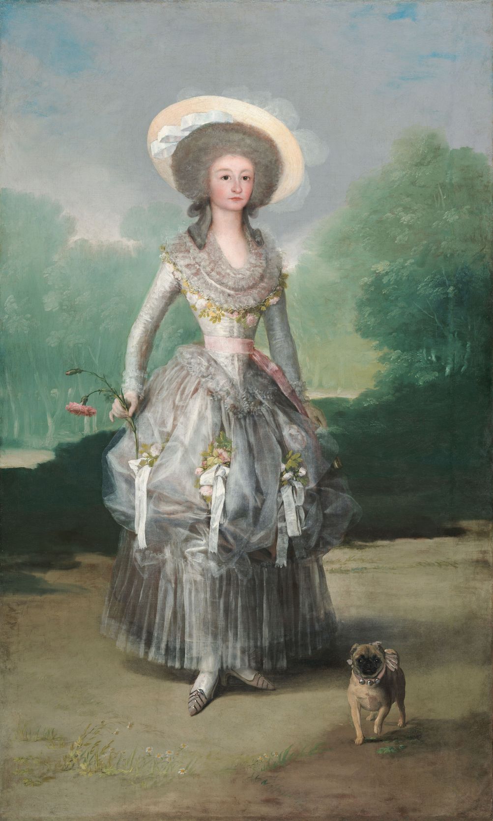 The Marquesa de Pontejos by Francisco Goya, an elegant portrait of a young Spanish noblewoman holding a pink carnation, dressed in an elaborate gown