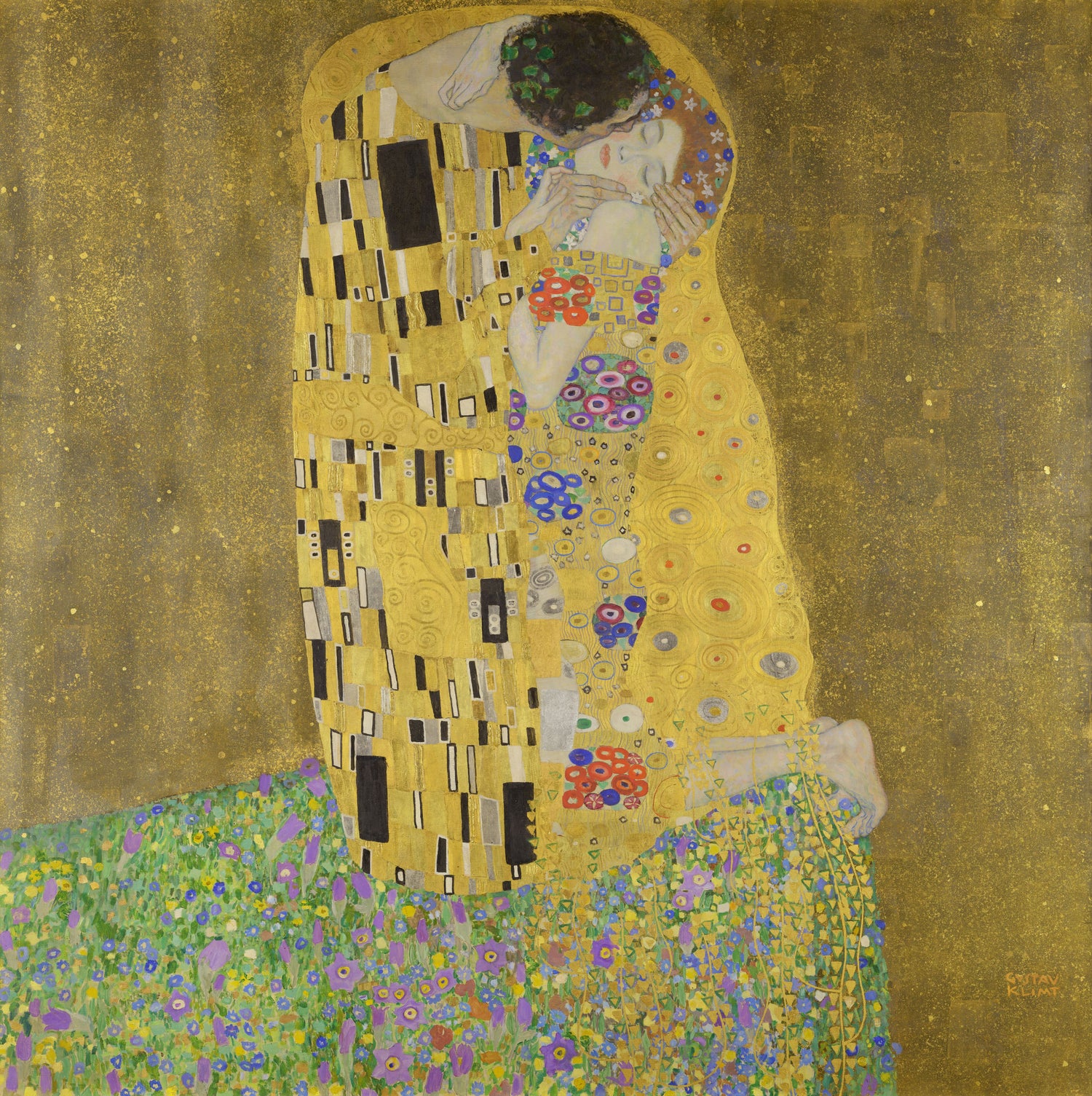 The Kiss by Gustav Klimt, an iconic Art Nouveau painting depicting a couple in an intimate embrace adorned with gold leaf and intricate patterns.