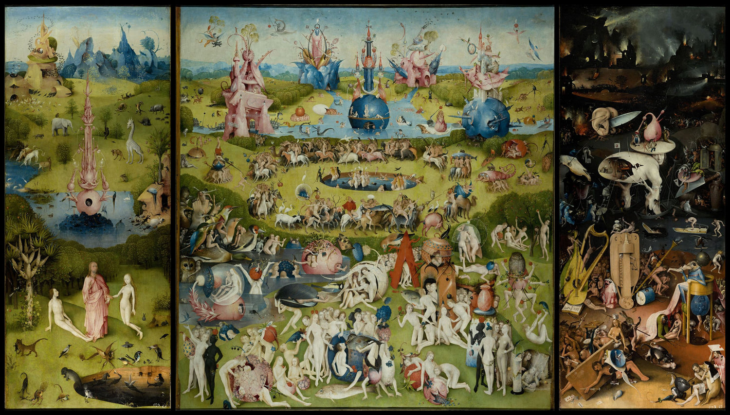 The Garden of Earthly Delights by Hieronymus Bosch, a detailed triptych depicting the Garden of Eden, earthly pleasures, and Hell with surreal imagery