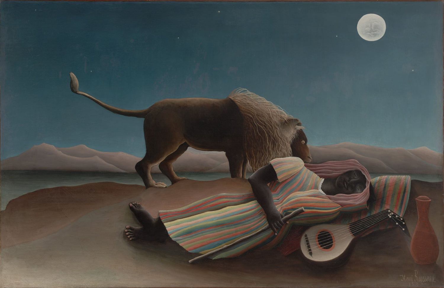 The Sleeping Gypsy by Henri Rousseau, a dreamlike painting from 1897 featuring a dark-skinned woman asleep in a desert with a curious lion.