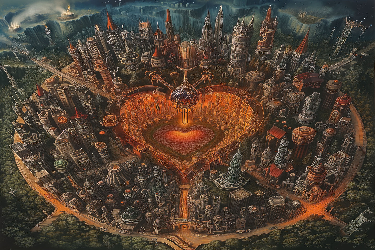 "City of Love" - A captivating art piece depicting a bustling cityscape with a radiant heart at its core, symbolizing the love and warmth that drive the city. The intricate design and vibrant colors create a magical urban scene.