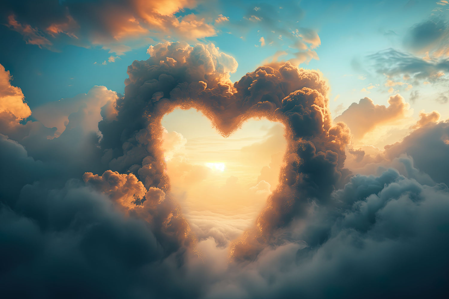 Alt Text: "Cloudy Heart" - An enchanting art piece depicting heart-shaped clouds illuminated by the sunset. The artwork creates a tranquil and beautiful atmosphere with its soft, dreamy colors and captivating sky.