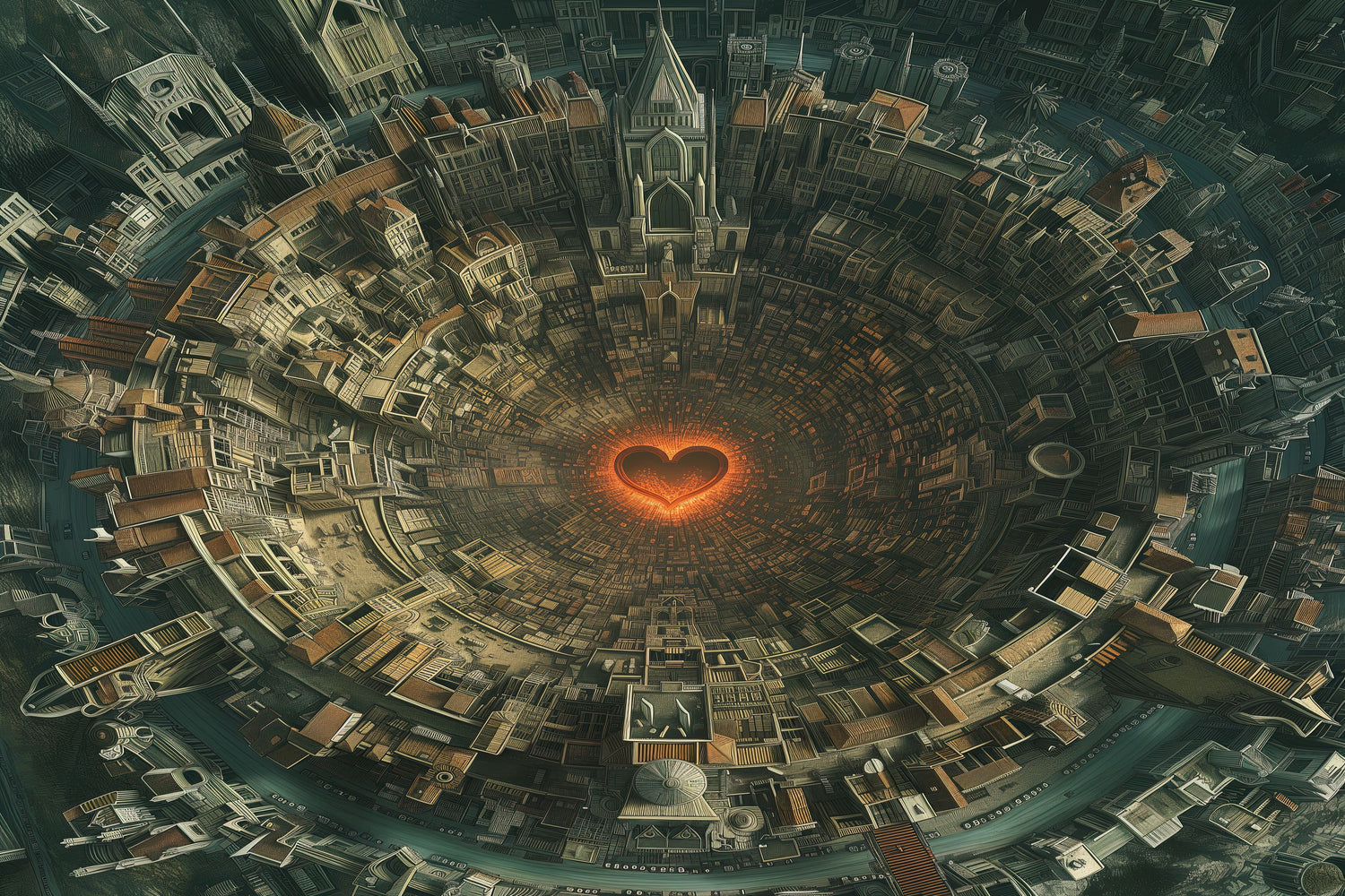 "Depths of Love" - A captivating digital art piece depicting a labyrinthine cityscape with a radiant heart at its core. The artwork represents the unseen love and passion within urban life, creating a striking and thought-provoking visual experience.