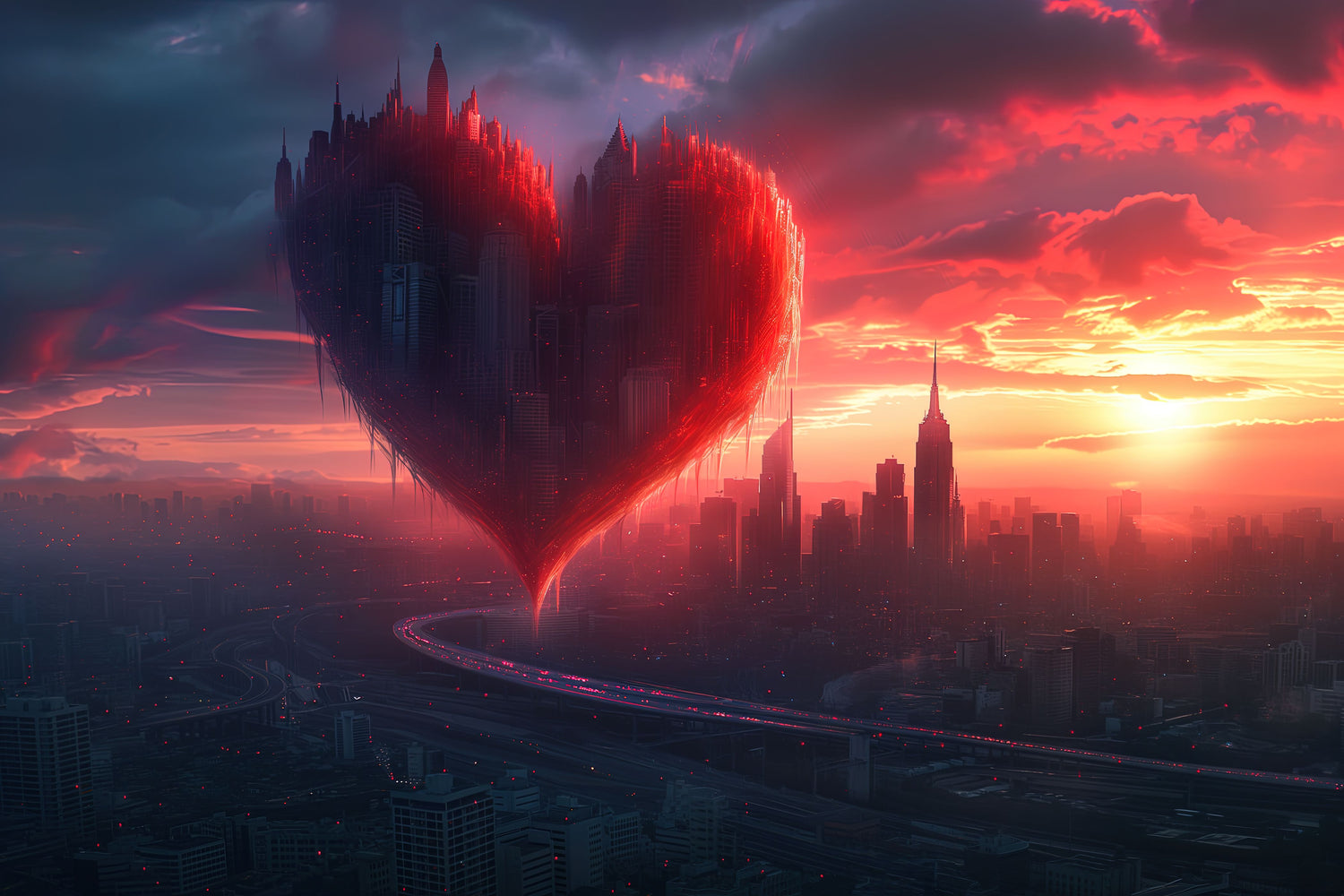 "Urban Heart" - A digital artwork showing a glowing heart-shaped cityscape at sunset. Skyscrapers and buildings form the heart, glowing with red and orange hues against a dramatic sky, symbolizing the energy and love within a bustling metropolis.