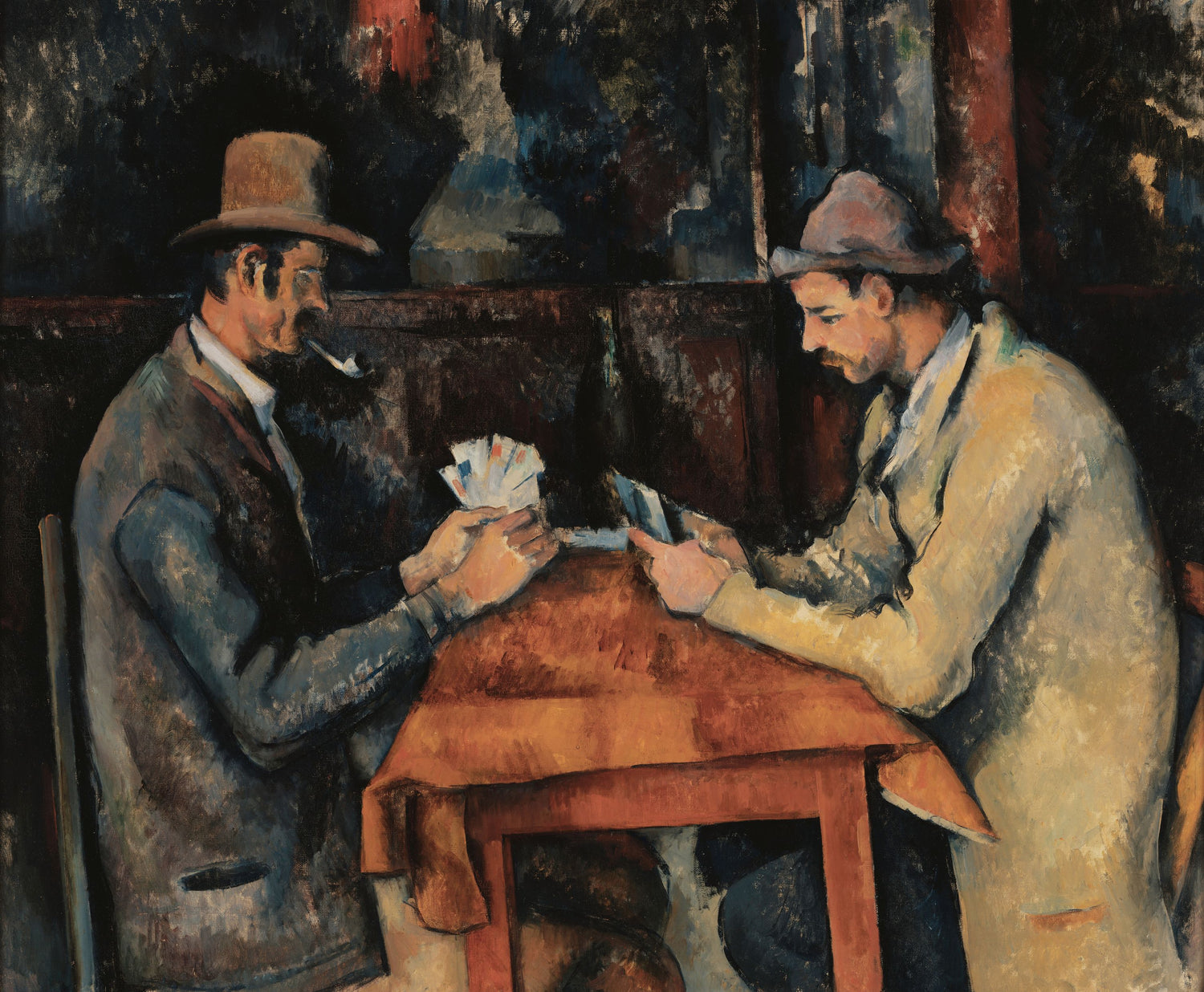 The Card Players by Paul Cézanne, depicting two men engrossed in a card game with a rustic background and masterful use of color and brushwork.