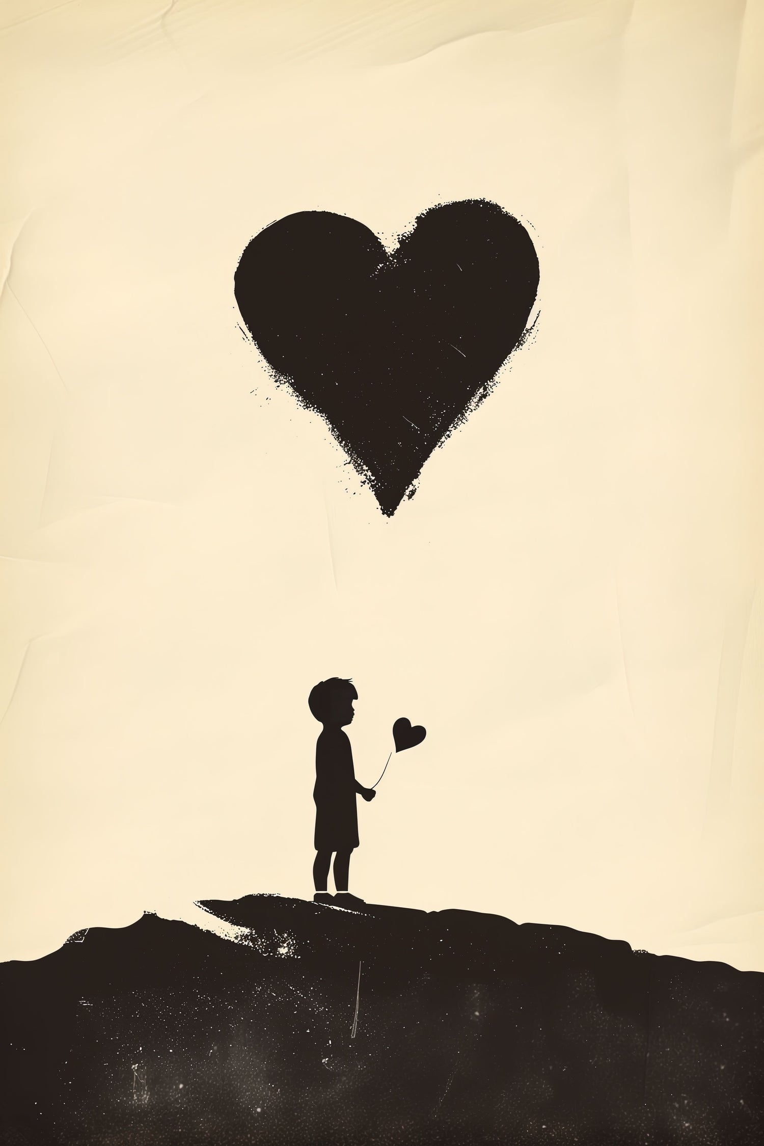 "Reaching Out" - A minimalistic artwork showing a child holding a heart-shaped balloon against a black and white background, symbolizing innocence and longing. The simple yet profound design evokes a sense of purity and nostalgia.