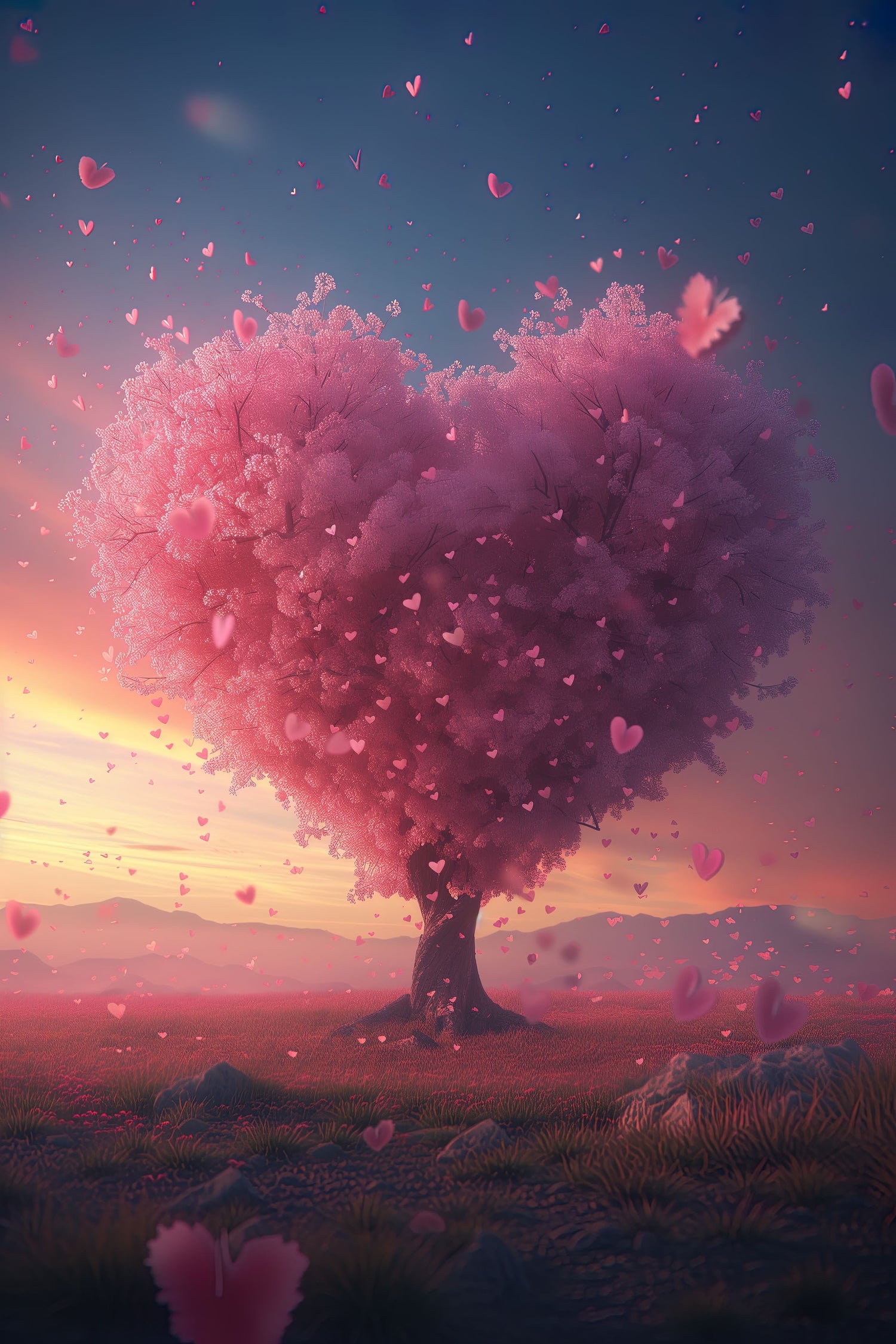 "Sakura Hearts" - A digital artwork featuring a heart-shaped cherry blossom tree in full bloom at sunset, surrounded by pink heart-shaped petals. The scene is serene and romantic, with warm hues of orange and pink sky.