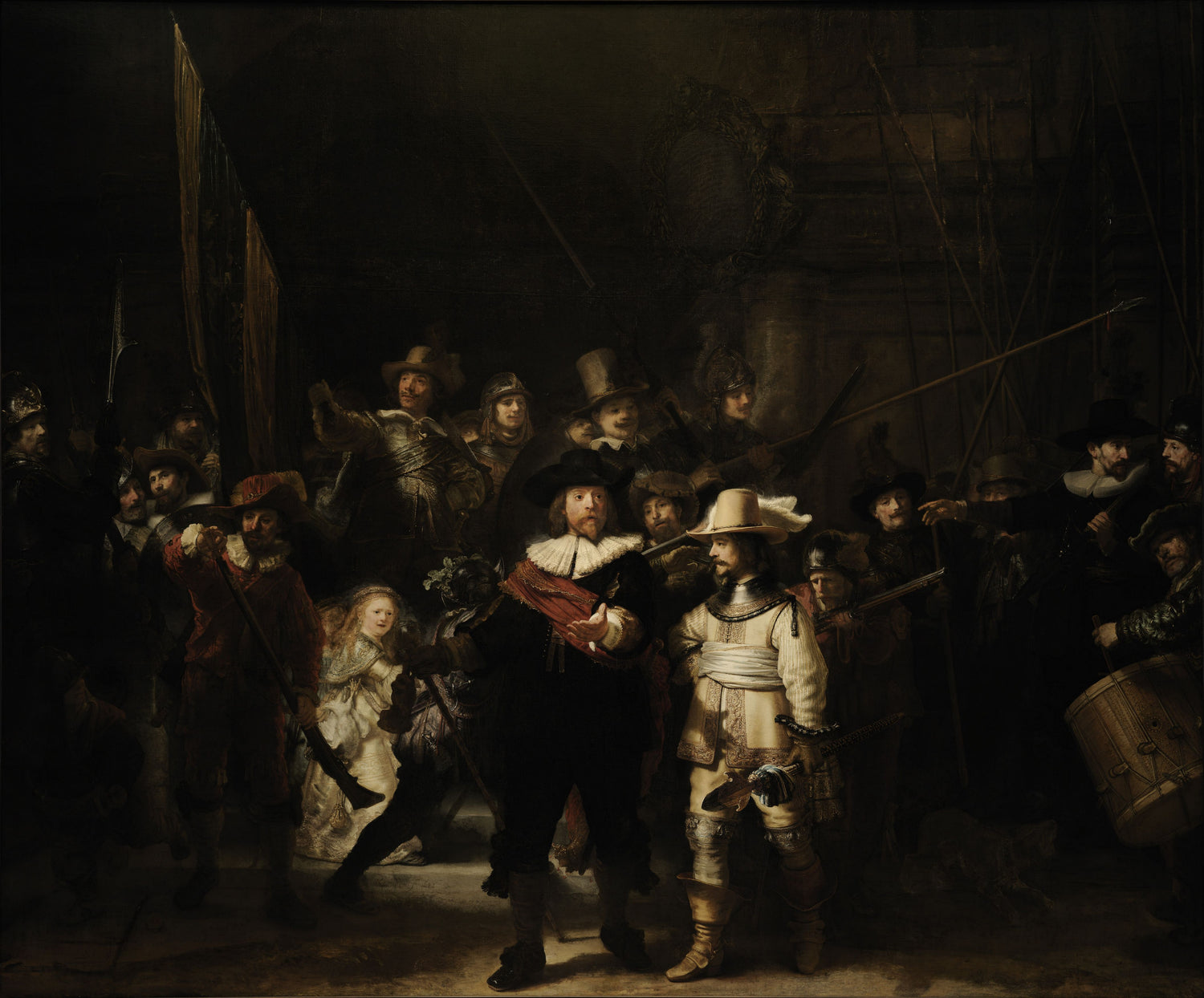 The Night Watch by Rembrandt van Rijn, a 1642 painting depicting a dynamic scene with Captain Frans Banning Cocq leading his militia.