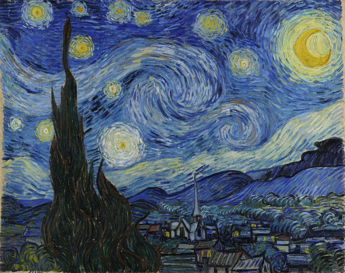 The Starry Night by Vincent van Gogh, an iconic painting featuring a swirling night sky over a quiet village, with vibrant colors and expressive brushstrokes