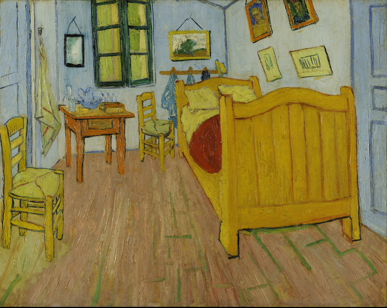 The Bedroom by Vincent van Gogh, featuring a vibrant depiction of the artist’s bedroom with bold colors and a unique perspective, painted in 1888