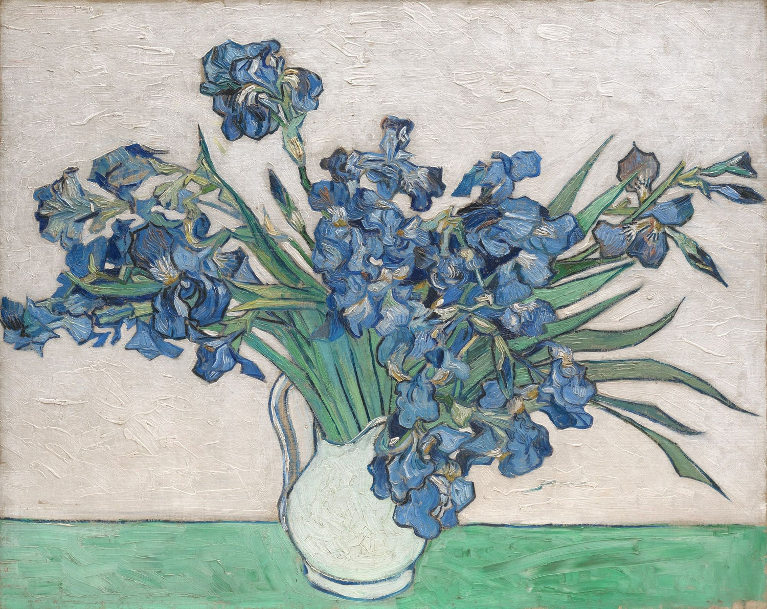 Irises by Vincent van Gogh, featuring a vibrant bouquet of blue irises in a white vase, painted with expressive brushstrokes in 1890