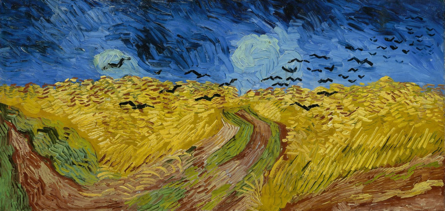 Vincent van Gogh’s Wheatfield with Crows, showcasing a dramatic depiction of a wheat field under a darkening sky with swirling crows and dynamic brushstrokes