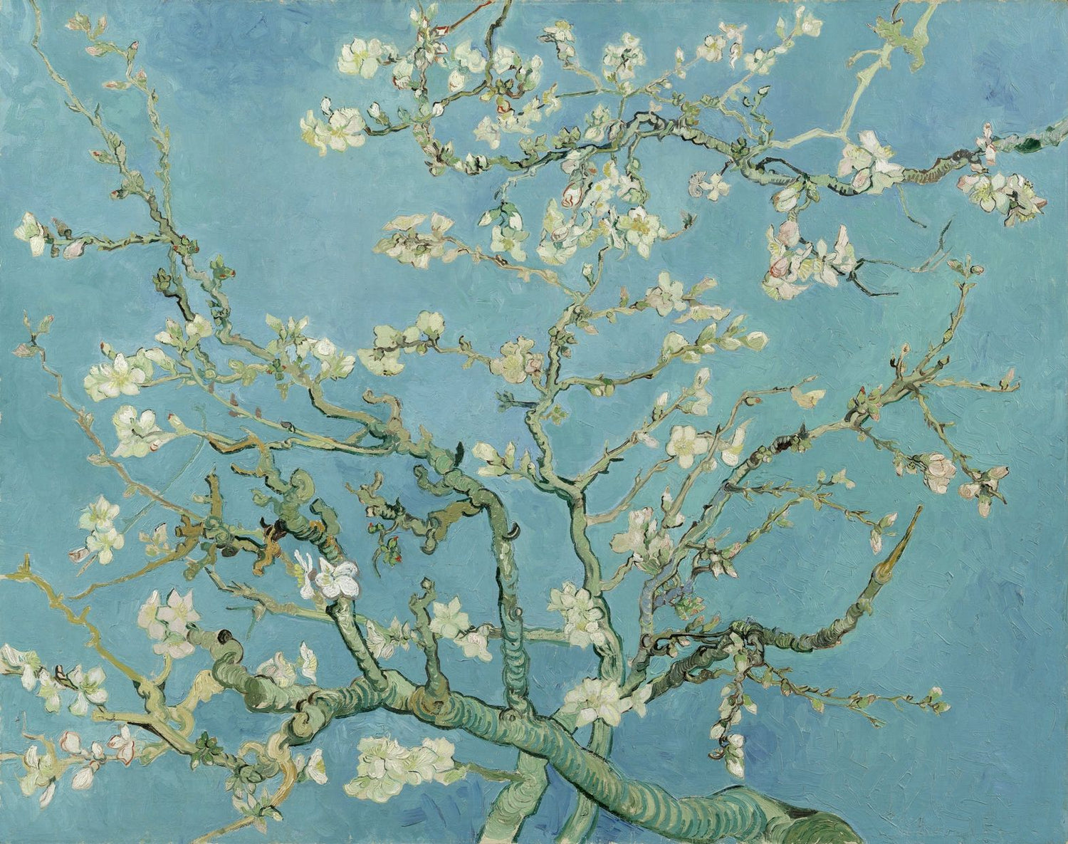 Almond Blossoms by Vincent van Gogh, featuring delicate white flowers on almond branches against a clear blue sky, painted in 1890