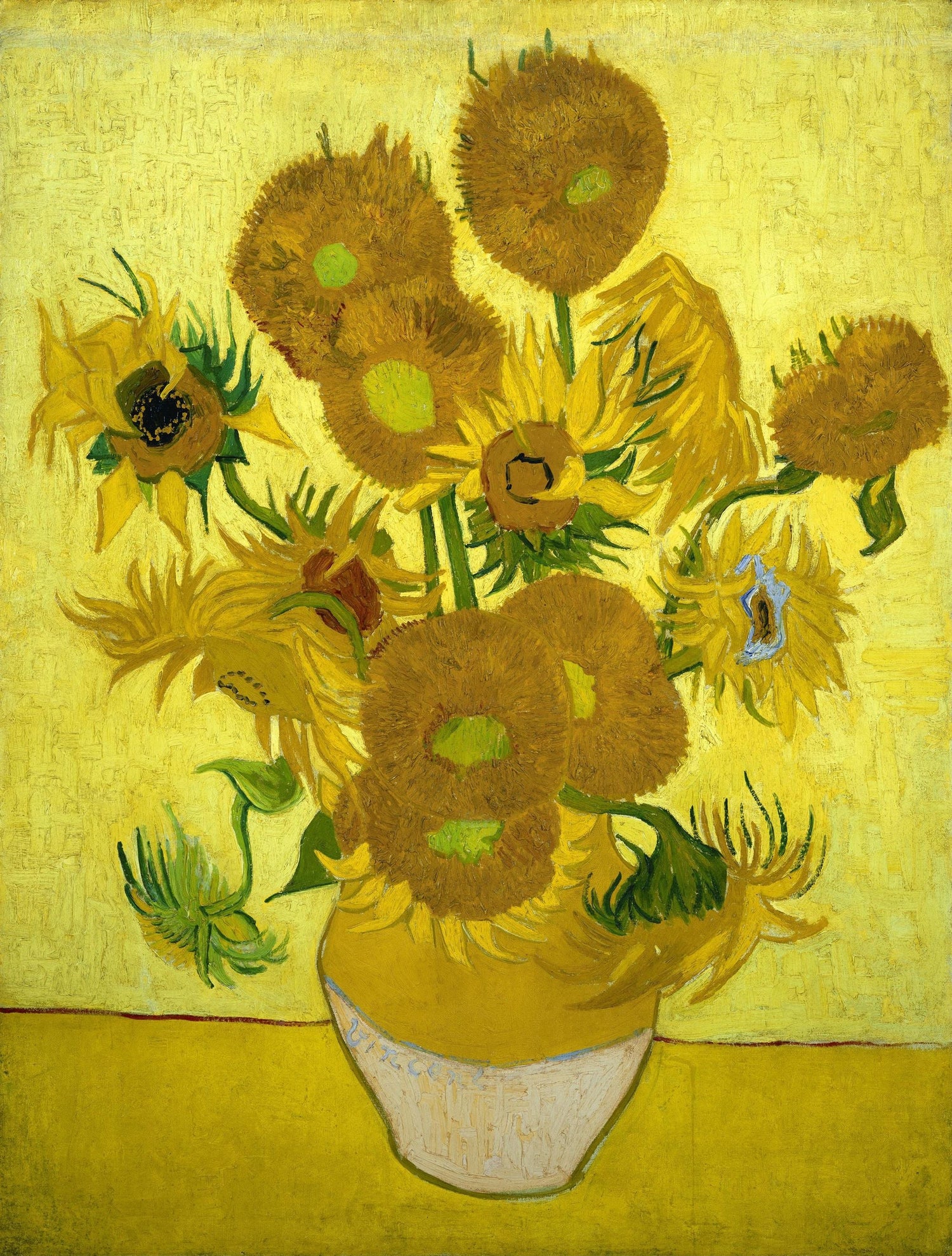 Vincent van Gogh’s Sunflowers, showcasing a dynamic composition of blooming sunflowers in a vase, reflecting the artist’s admiration for natural beauty