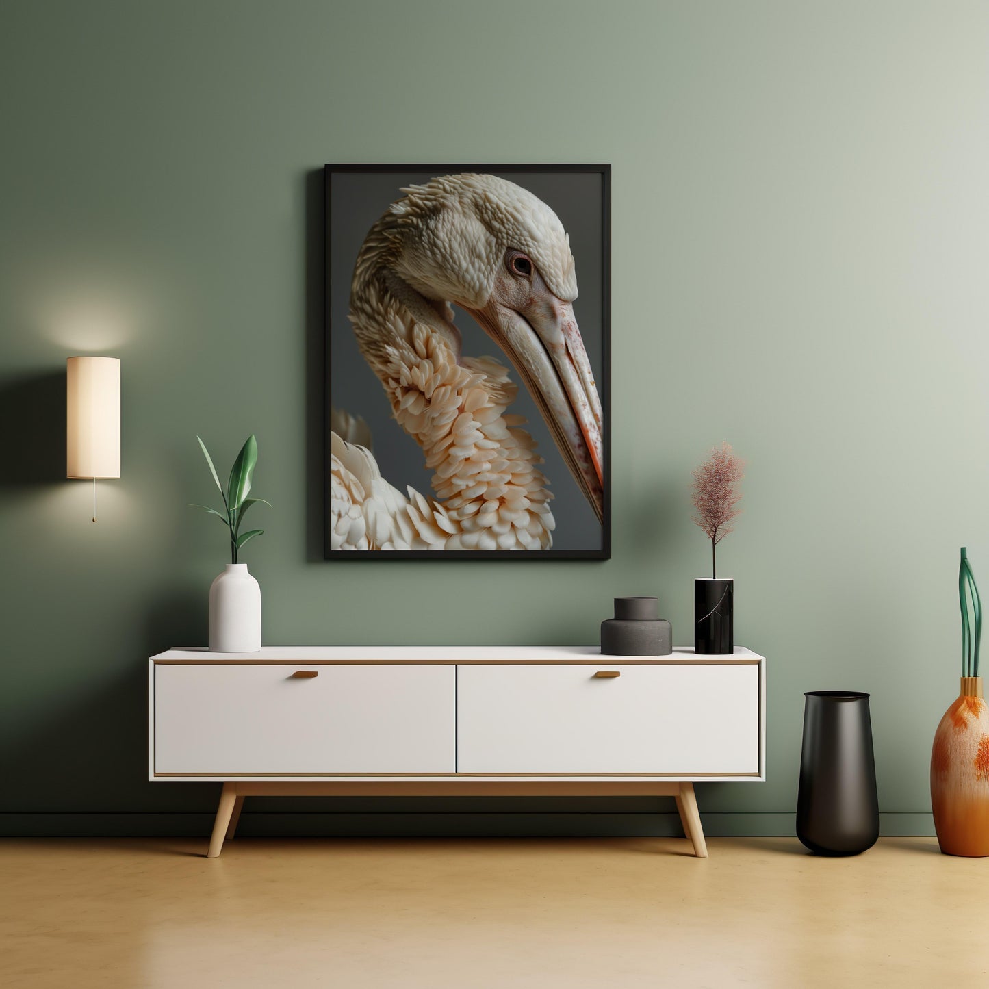 Elegance in Ivory: The Pelican's Pose | Wooden Framed Poster