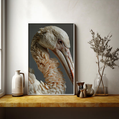 Elegance in Ivory: The Pelican's Pose | Premium Wooden Framed Poster