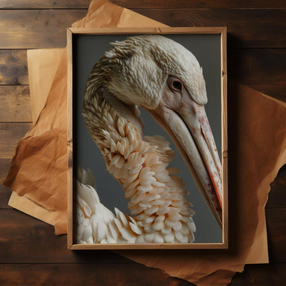 Elegance in Ivory: The Pelican's Pose | Wooden Framed Poster