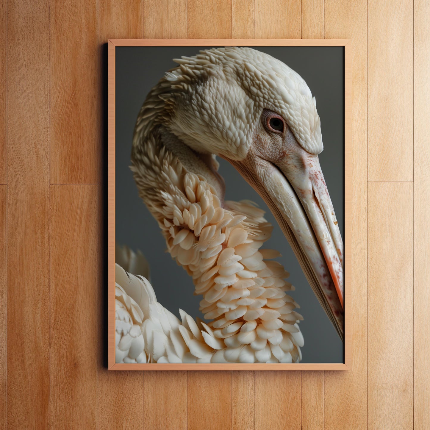 Elegance in Ivory: The Pelican's Pose | Wooden Framed Poster