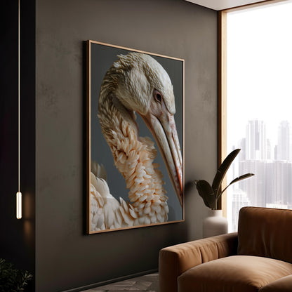 Elegance in Ivory: The Pelican's Pose | Wooden Framed Poster