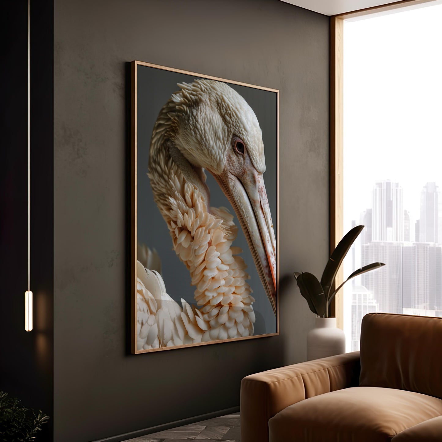 Elegance in Ivory: The Pelican's Pose | Premium Wooden Framed Poster