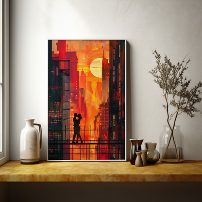 Urban Sunset Embrace | Metal Framed Poster