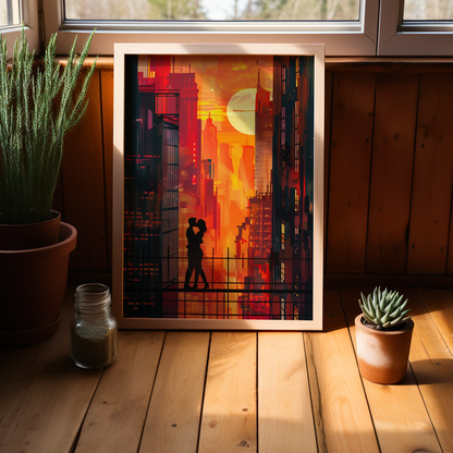 Urban Sunset Embrace | Wooden Framed Poster