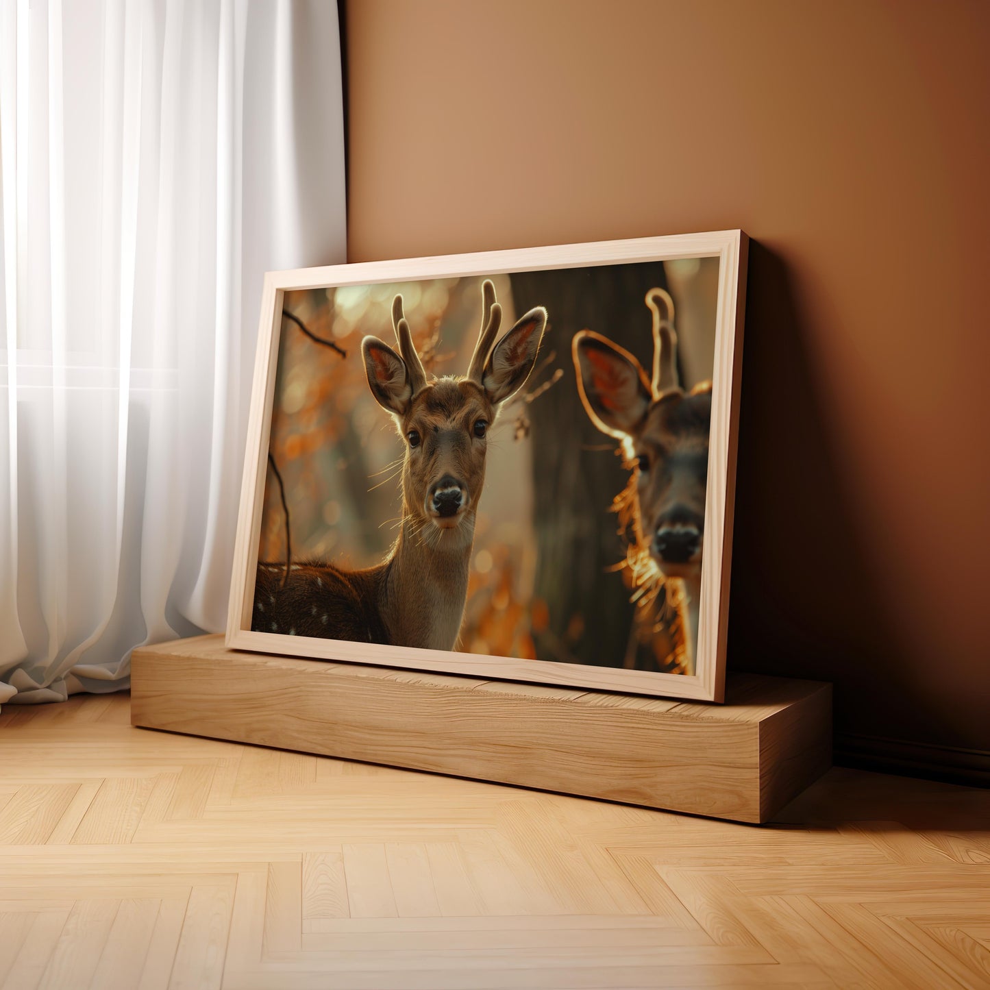 Autumn Sentinels: The Deer's Soft Gaze | Wooden Framed Poster