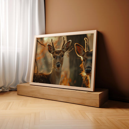 Autumn Sentinels: The Deer's Soft Gaze | Wooden Framed Poster