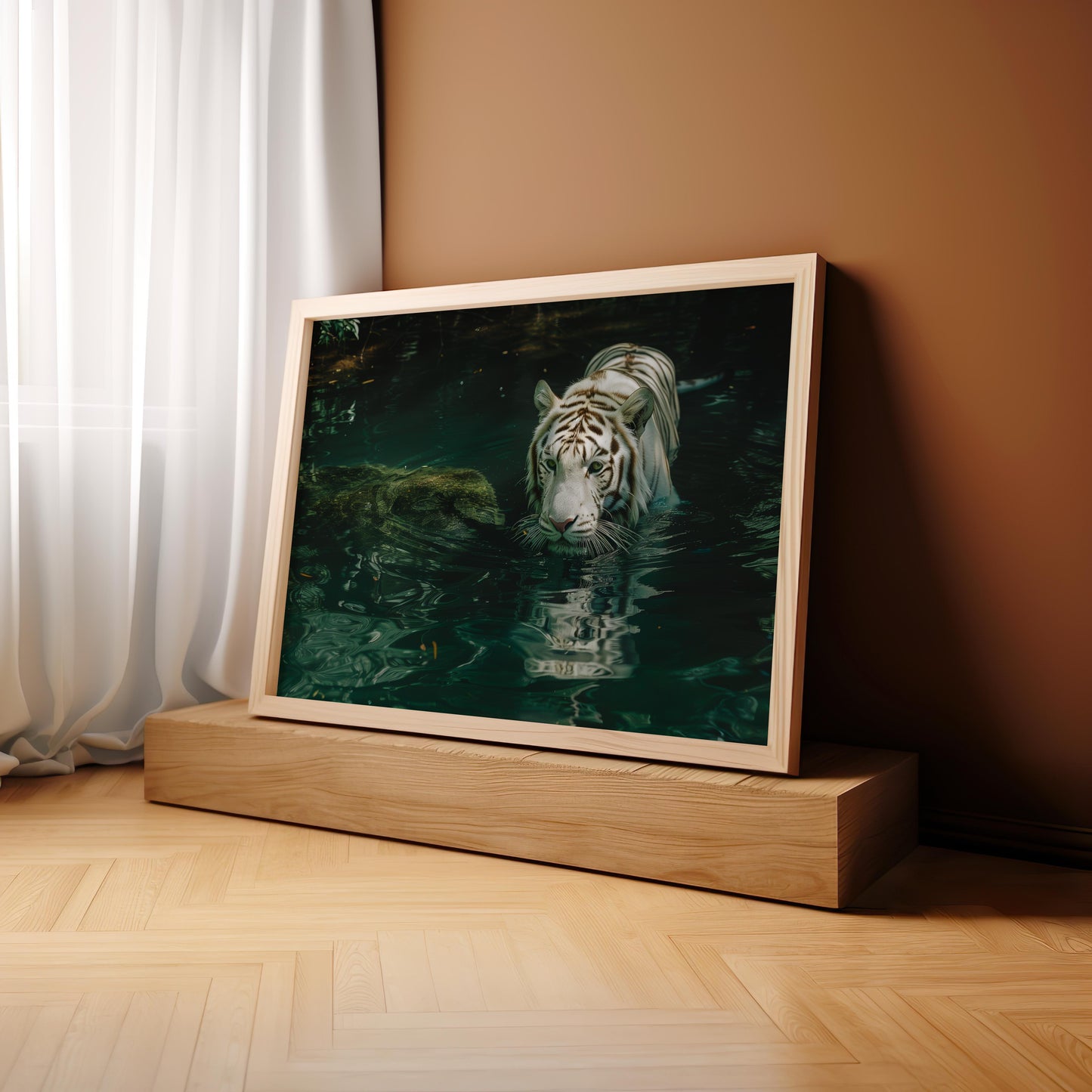 Majesty in the Depths: The White Tiger's Gaze | Wooden Framed Poster