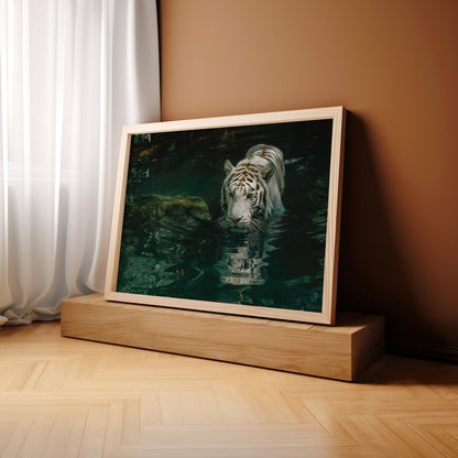 Majesty in the Depths: The White Tiger's Gaze | Wooden Framed Poster