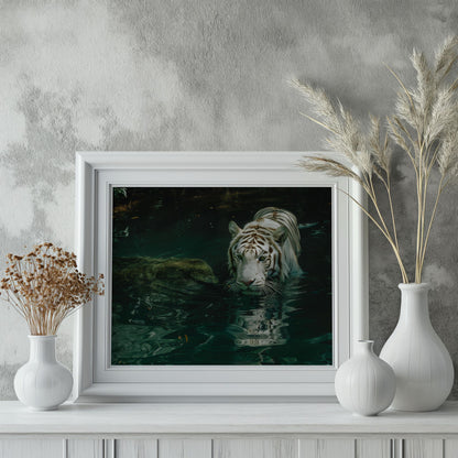 Majesty in the Depths: The White Tiger's Gaze | Premium Wooden Framed Poster