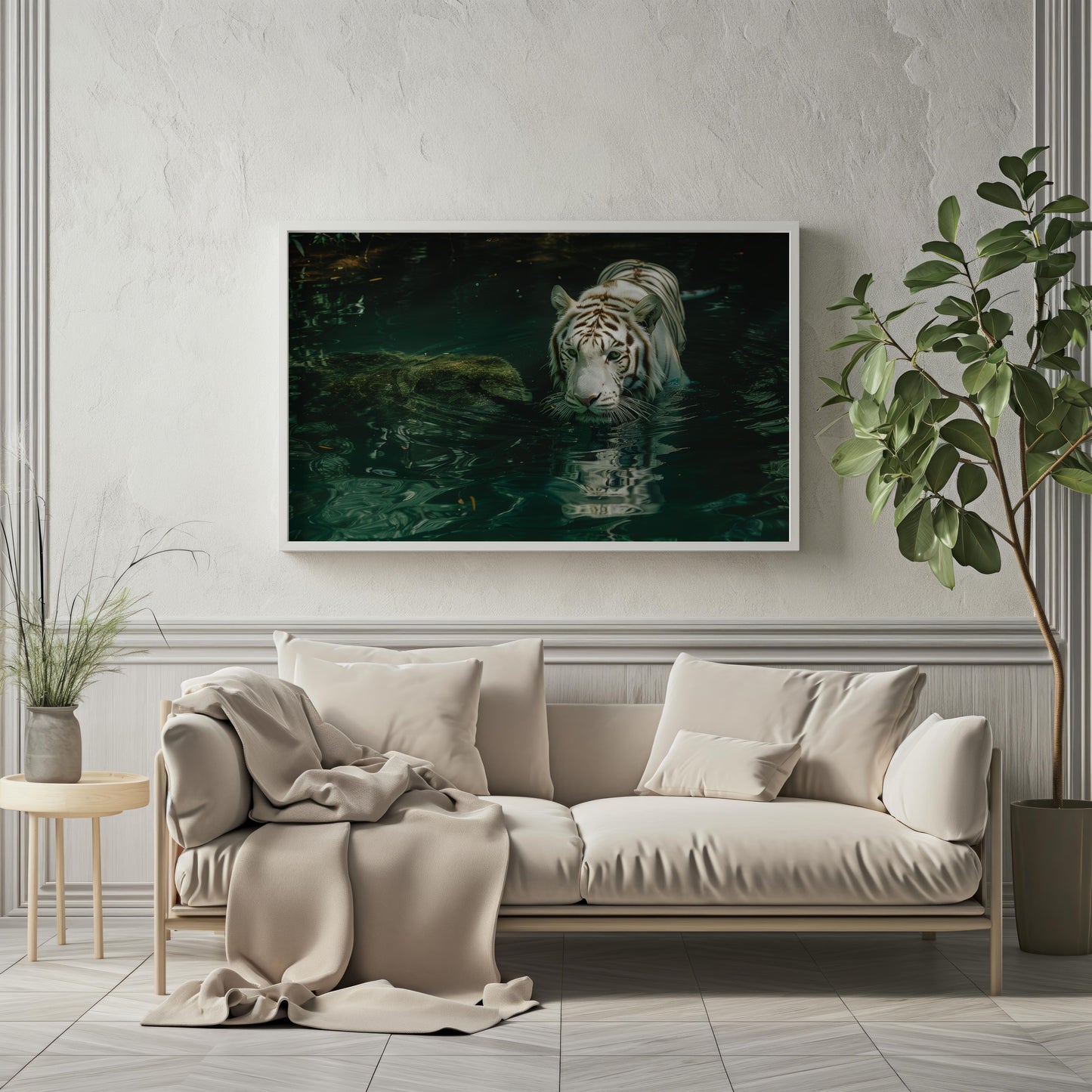 Majesty in the Depths: The White Tiger's Gaze | Premium Wooden Framed Poster