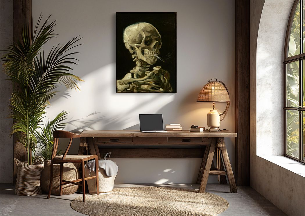 Head of a Skeleton with a Burning Cigarette | Wooden Framed Poster